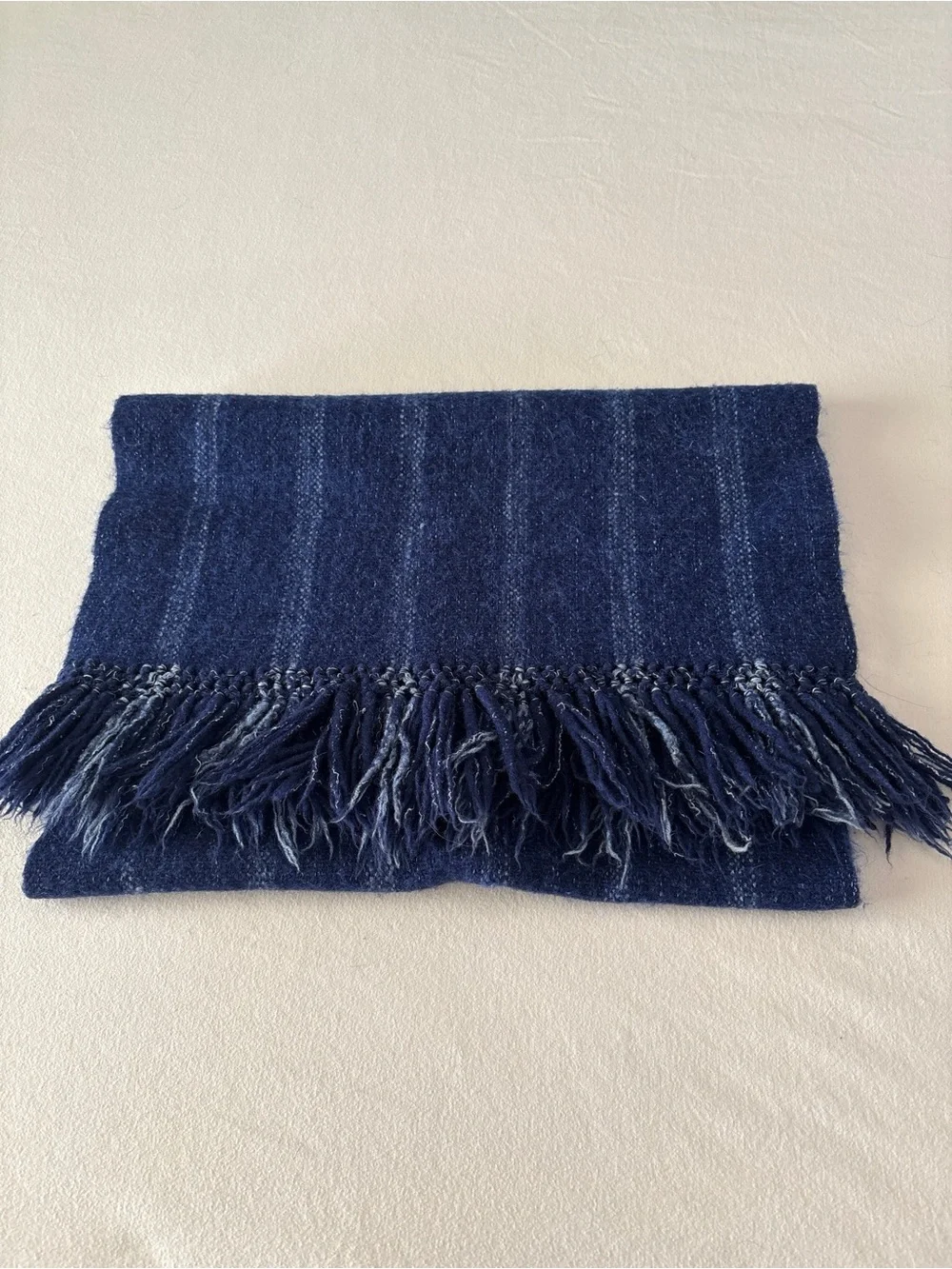 Vintage Hand Crafted Wool Lap Blanket / Bed Runner Throw Navy Blue Stripe 57x19